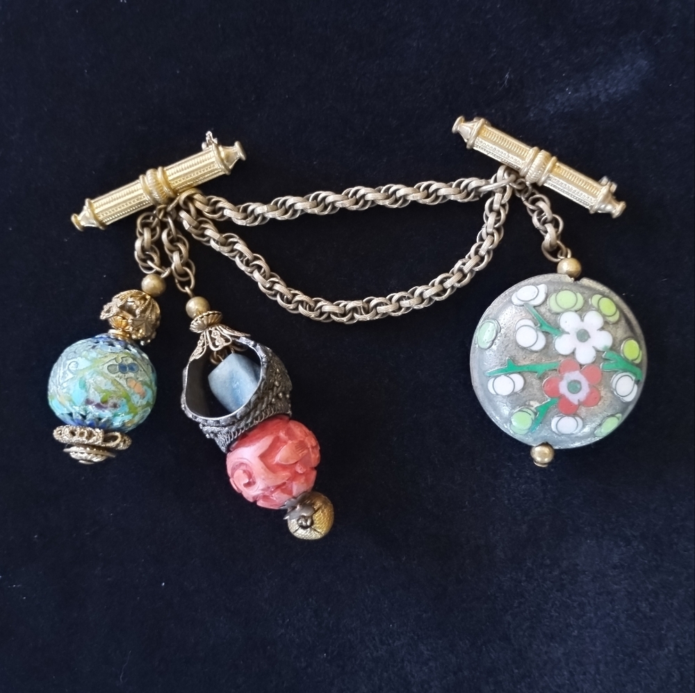 Rare Vintage Chinese Export Chatelaine Brooch W 3 Fobs Cloisonne Cinnabar